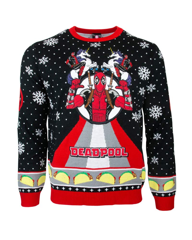 Numskull Unisex Official Marvel Deadpool Unicorn Knitted Christmas Jumper for Men or Women - Ugly Novelty Sweater Gift