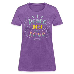 Peace Joy & Love Women's Graphic Tee - Soft, Comfortable & Trendy - purple heather