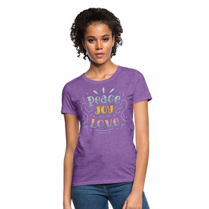 Peace Joy & Love Women's Graphic Tee - Soft, Comfortable & Trendy - purple heather